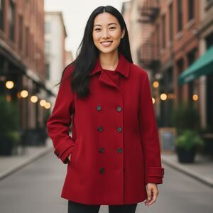 TOMMY HILFIGER Peacoat XL Red Wool Blnd Double Breasted Midlength Classic Preppy